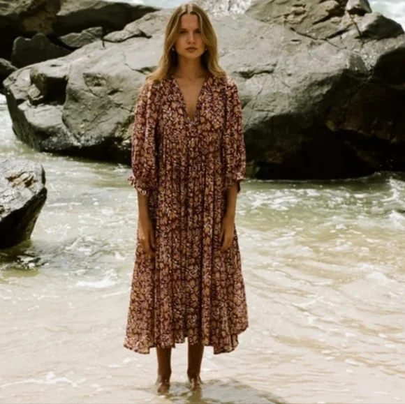 Daughters of India Kyra Cotton Midi Dress in Sumac Colorway Size Xl - Picture 2 of 3